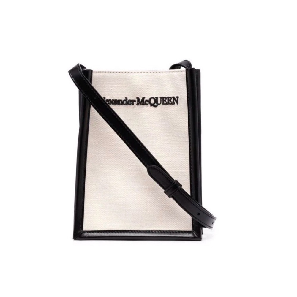 Alexander McQueen Cream Canvas & Black Leather Crossbody Messenger